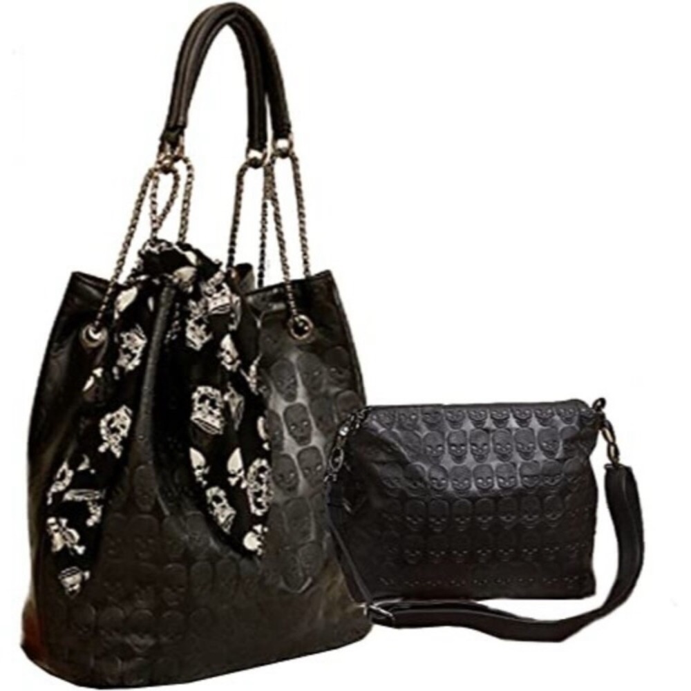 𝅺🆕 💀 Hobo Gothic Black Leather Skull Punk Purse Shoulder Bag Stud Bag New NWT